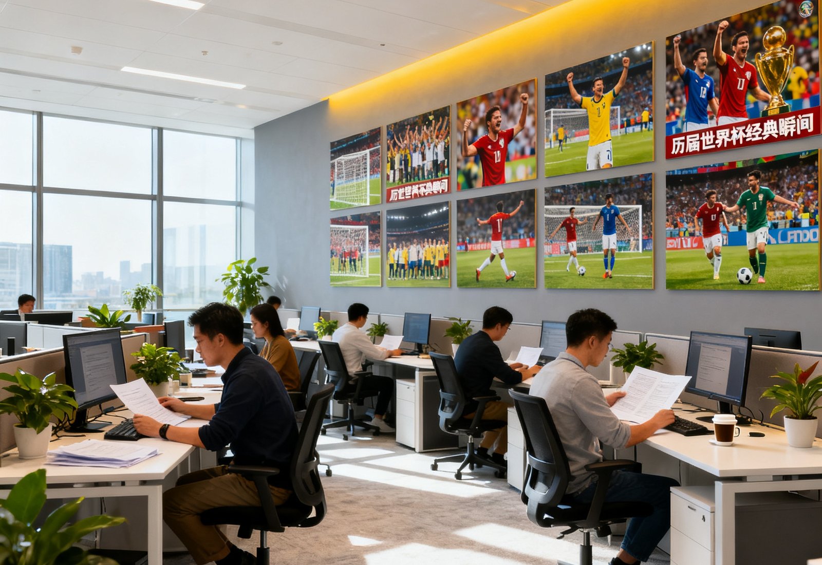球讯体育科技有限公司北京办公室内景：开放式工区明亮宽敞，墙上装饰着历届世界杯经典瞬间的大幅照片，员工正在专注工作。
